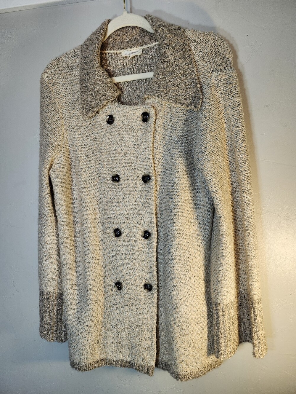 Mystree Cream and Gray Double-Breasted Knit Coatigan